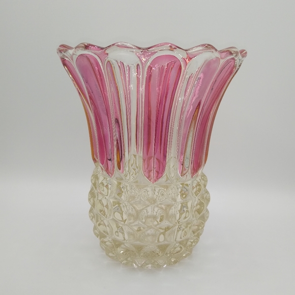 Pineapple Block Optic Thistle Pink Petal High Fluted Top Vase 20s Early Vintage